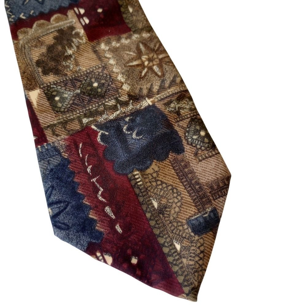 Fashion Neckwear Mens Silk Tie Burgundy Navy Blue Tan Patchwork Geometric